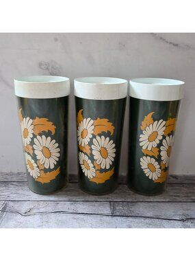 Vintage Thermo-Serv Daisy Flower Tumblers Set Of 3 Green Yellow White 6.5" Tall